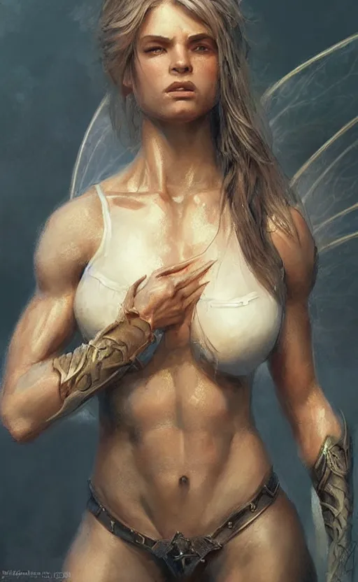 Prompt: Portrait of a fairy, female, muscular, straight nose!!!, detailed face, handsome face, bare thighs!!!, simple clothing!!!!!, fantasy, medieval, highly detailed, cinematic lighting, digital art painting by greg rutkowski
