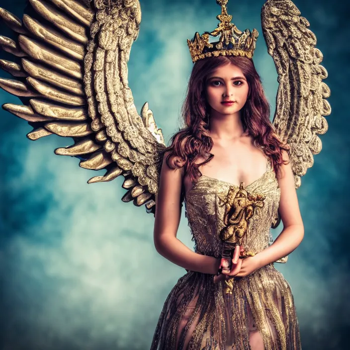 Image similar to photo of a very beautiful!! angel queen with ornate dress and a halo, highly detailed, 4 k, hdr, smooth, sharp focus, high resolution, award - winning photo
