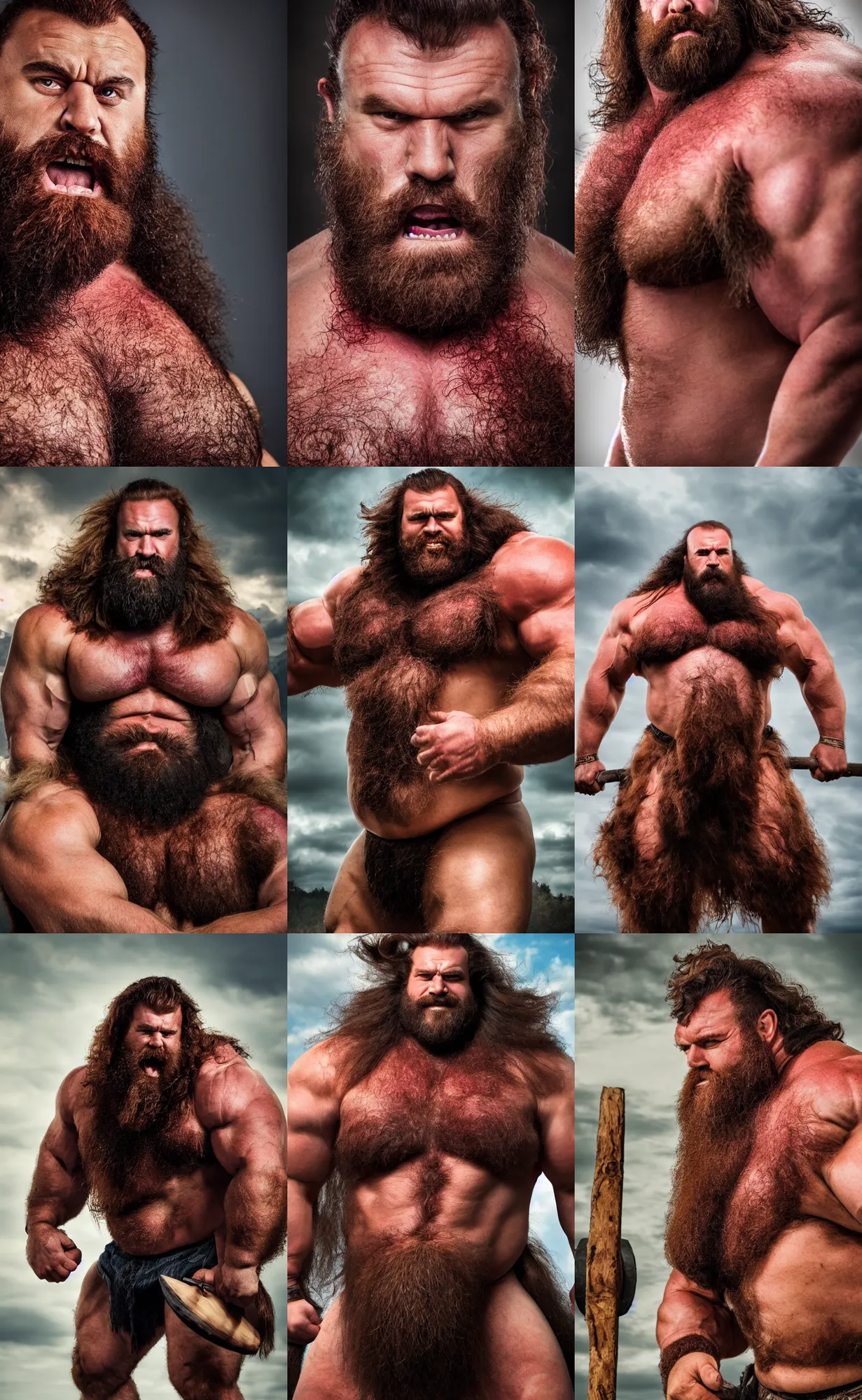Prompt: big hairy thick masculine barbarian strongman king with massive muscle and dark red hair, photography, highly detailed, epic, high definition, 4 k, 8 k, portrait, dad energy