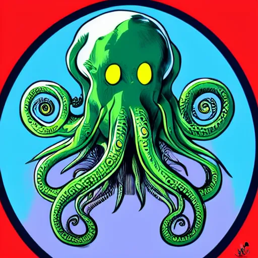 Image similar to hyper realistic award winning illustration by jamie mckelvie of in frame cute cthulhu moving it's tentacles against a blue background, digital art