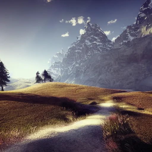 Prompt: path between mountains unreal engine render