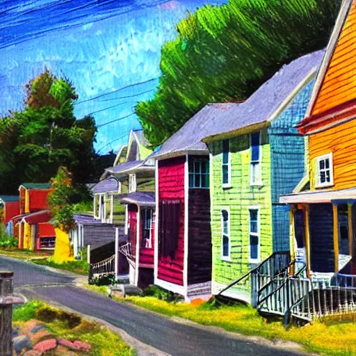 Image similar to “an idyllic, charming New England town by the seaside with colorful buildings, oil pastel”