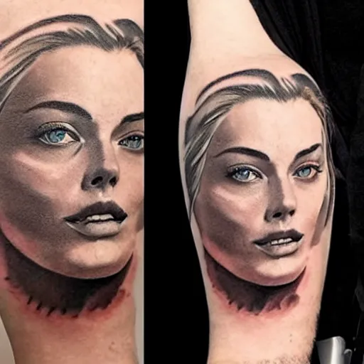 Image similar to face morph tattoo design of margot robbie and beautiful mountain scenery, in the style of arlo dicristina, amazing detail, mash up