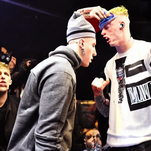 Prompt: Machine Gun Kelly beating Eminem in a rap battle