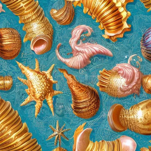 Prompt: rococo liberty maximalist elaborate photorealistic shells on the ocean ground. childrenbook scientific illustration in vibrant natural tones. hd hyperdetailed octane