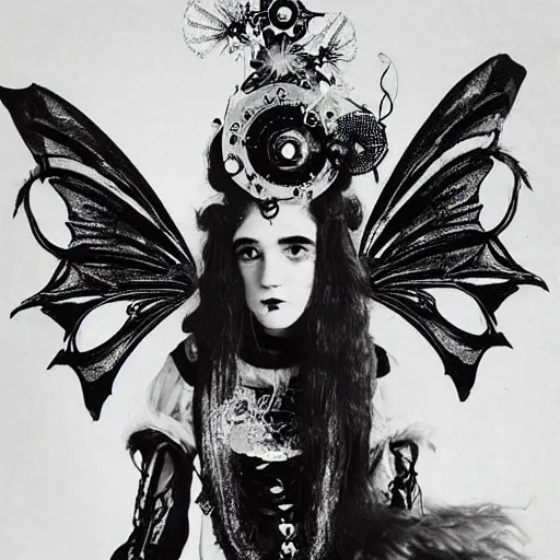 Prompt: recovered victorian photo of grimes as a cosmic steampunk fairy.