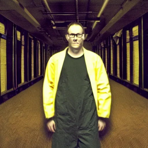 Image similar to flash low quality photograph of a male scientist wearing a lab coat standing lost in the backrooms, mono - yellow old moist carpet room, empty liminal space, very dark shadows, broken fluorescent lighting, horror movie scene, film grain