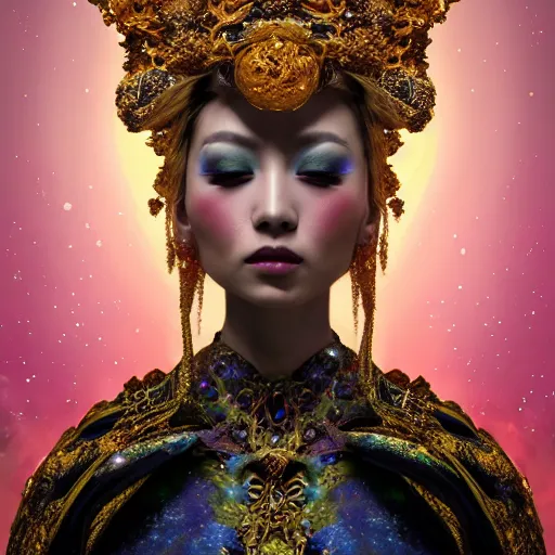 Image similar to a beautiful empress portrait, with a brilliant, impossible striking big cosmic galaxy headpiece, clothes entirely made out of cosmos chaos energy, symmetrical, dramatic studio lighting, rococo, baroque, jewels, asian, hyperrealism, closeup, D&D, fantasy, intricate, elegant, highly detailed, digital painting, artstation, octane render, 8k, concept art, matte, sharp focus, illustration, art by Artgerm and Greg Rutkowski and Alphonse Mucha