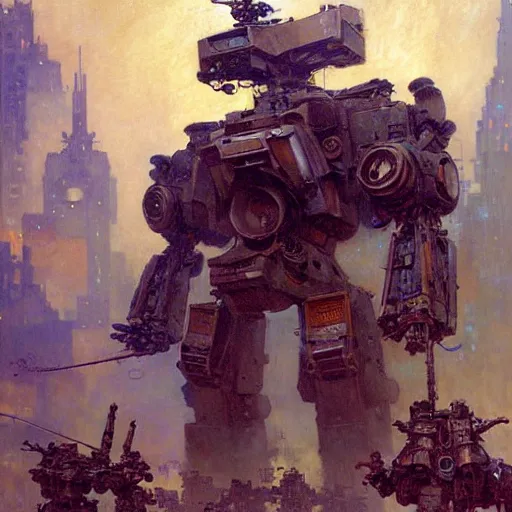 Image similar to six meters tall mech fighting in an urban environment, minigun, by gaston bussiere craig mullins jc leyendecker gustav klimt artgerm greg rutkowski john berkey, bergey, craig mullins, ruan jia, raymond swanland, jeremy mann, tom lovell, alex malveda