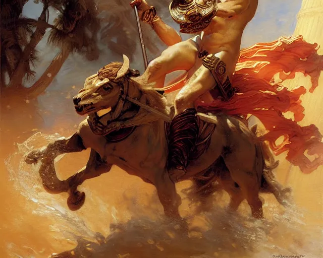 Image similar to attractive apollo greek god, riding his fire chariot. highly detailed painting by gaston bussiere, craig mullins, j. c. leyendecker 8 k