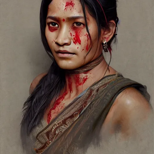 Image similar to portrait painting of a bloodied nepali female butcher wearing low cut sari, ultra realistic, concept art, intricate details, eerie, highly detailed, photorealistic, octane render, 8 k, unreal engine. art by artgerm and greg rutkowski and alphonse mucha