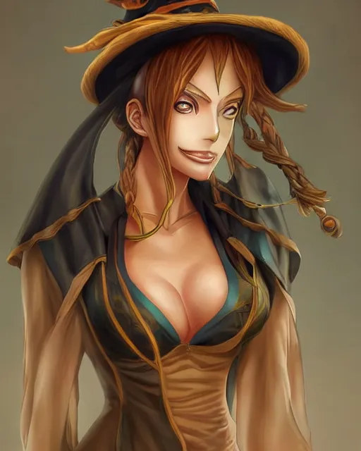 Prompt: beautiful portrait of a Witch who looks like Nami, One Piece anime character design by Ross Tran, artgerm detailed, soft lighting