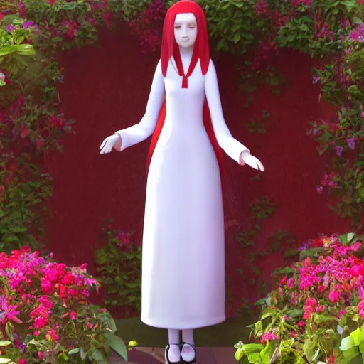 Prompt: young nun with light red long hair standing in a garden, 4k, detailed face, detailed body, detailed clothes, high details, 2d, art