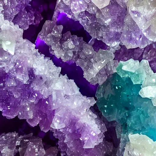 Prompt: hyper realistic macro shot of amethyst crystals, high definition, incredible detail, flash photography at night, cave exploration, muted pastel tones