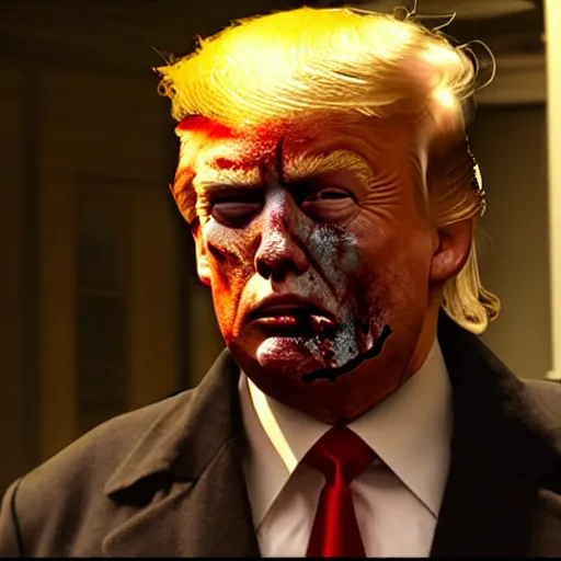 Image similar to donald trump as zombie in the walking dead. movie still. cinematic lighting
