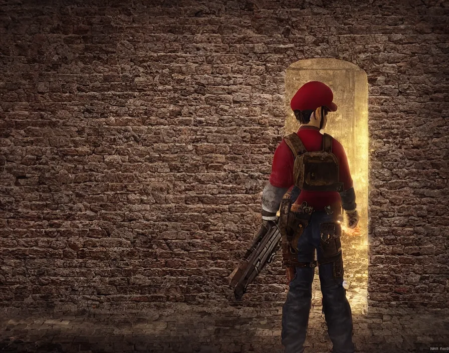 Image similar to mario hiding behind a brick wall, resident evil, silent hill, beautiful texture, beautiful graphics, fantasy artwork, very beautiful scenery, hd, hdr, ue 5, ue 6, unreal engine 5, cinematic 4 k wallpaper, 8 k, ultra detailed