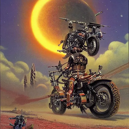 Image similar to infernal motorbiker, vintage sci - fi art, by bruce pennington