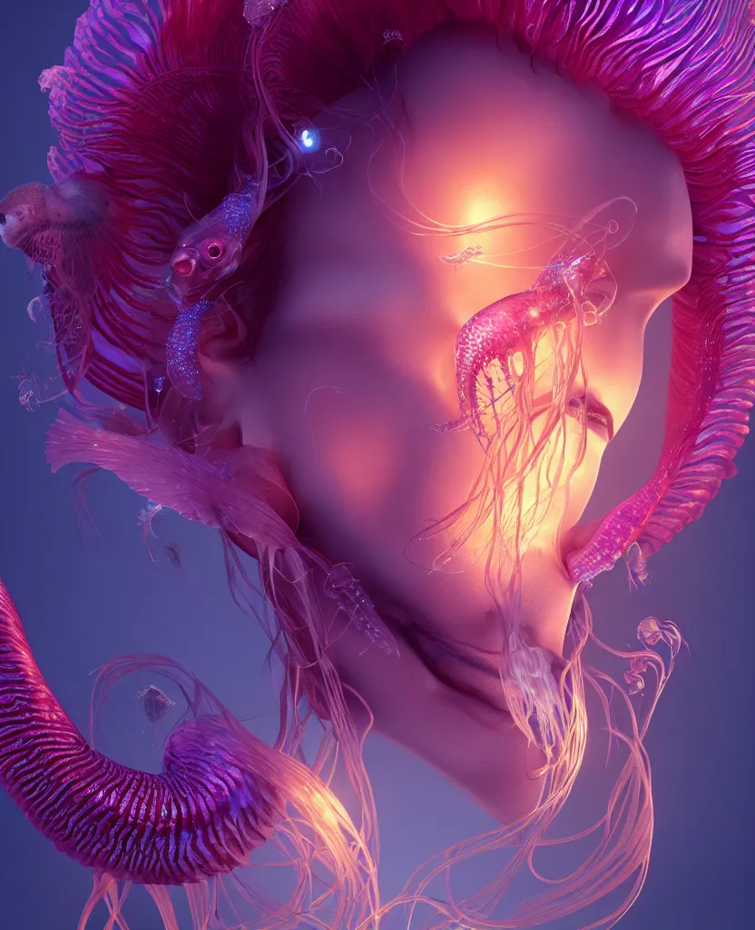 Image similar to goddess close-up portrait. orchid jellyfish phoenix head, nautilus, skull, betta fish, bioluminiscent creatures, intricate artwork by Tooth Wu and wlop and beeple. octane render, trending on artstation, greg rutkowski very coherent symmetrical artwork. cinematic, hyper realism, high detail, octane render, 8k