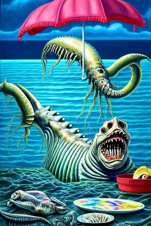 Image similar to a hyperrealistic painting of a sea creature monster washing up on the beach while people are laying on towels with umbrellas, cinematic horror by chris cunningham, lisa frank, richard corben, highly detailed, vivid color,