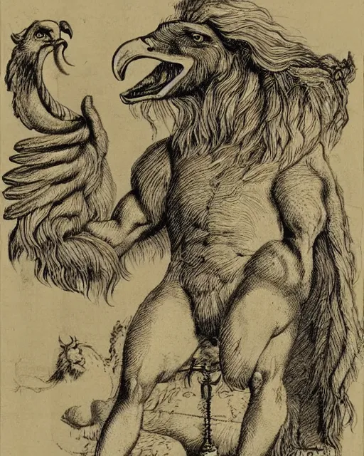 Image similar to a creature with the body and eyes of a man, with the beak of an eagle, the mane of a lion, and the horns of an ox. drawn by francis bacon