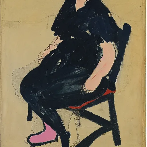 Image similar to painting of a woman sitting on a chair, staring at you, by georg baselitz