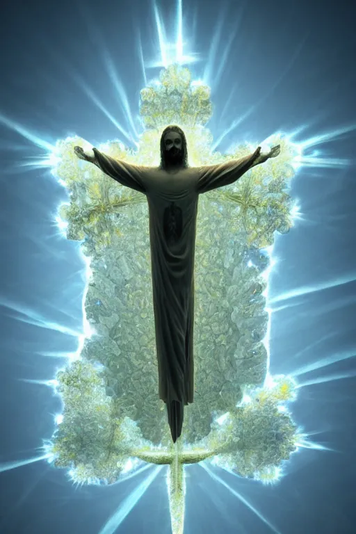 Image similar to a crystalline 3 d mandelbulb fractal in the shape of jesus christ on the cross, bioluminescent opal, fractal, magnificent lighting, ethereal, ray tracing, octane, holographic