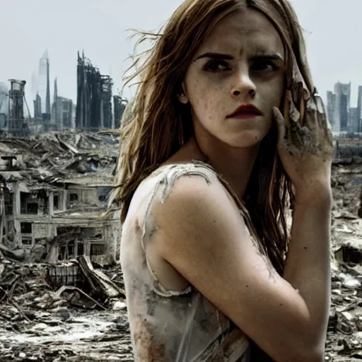 Image similar to concerned and tired emma watson in shredded dirty clothes rags, in the ruins of civilization after the apocalypse, looming city ruins backdrop, hd photo, high detail