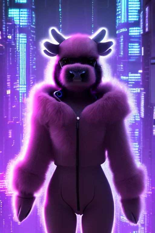 Image similar to high quality 3 d render sci - fi very cute cyberpunk fluffy! cow hybrid!, highly detailed, unreal engine cinematic smooth, in the style of blade runner & detective pikachu, hannah yata charlie immer, purple light, low angle, uhd 8 k, sharp focus