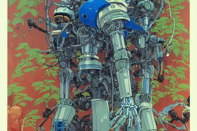 Image similar to most blues, evangelionic illustration, gigantic girl head, a lot of exotic vegetation, trees, tremendous mecha robot, flowers, oldschool vintage sci - fi flat surreal design, super - detailed, 2 d gouache painting by moebius and satoshi kon, hd, 4 k, high quality