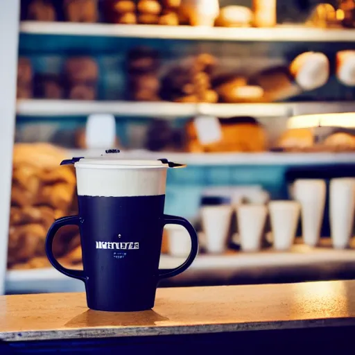 Image similar to latte in a mug imitating a toilet, fresh bakeries in the background, in a bright cafe, 3 5 mm, f 1. 8