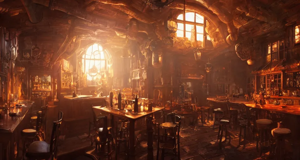 Image similar to alchemy tavern, hyperdetailed, artstation, cgsociety, golden hour 8 k, volumetric lighting