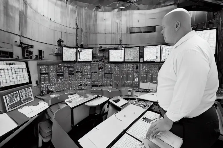 Image similar to heavyset bald man wearing a white shortsleeved shirt and blue jeans working in a nuclear silo control room by Emmanuel Lubezki