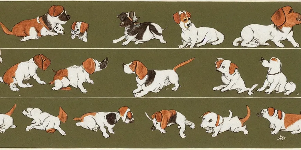 Image similar to jack russel dog, sprite sheet illustrated by peggy fortnum and beatrix potter and sir john tenniel