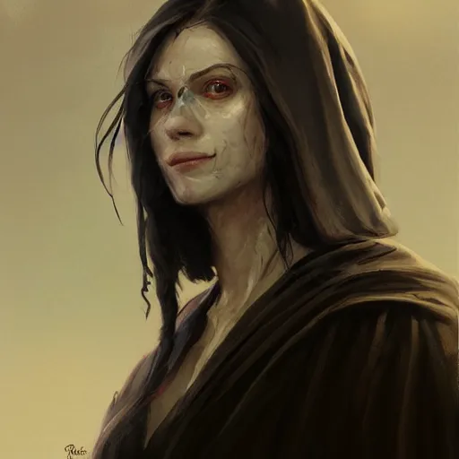 Image similar to portrait of an woman by Greg Rutkowski, she is about 20 years old, pretty, long brown wavy hair, scar near her mouth that makes her look like she's smiling all the time, wearing black sith robes, Star Wars Expanded Universe, highly detailed portrait, digital painting, artstation, concept art, smooth, sharp foccus ilustration, Artstation HQ