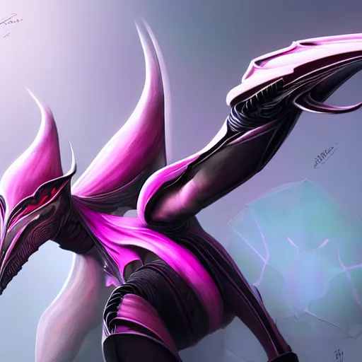 Image similar to ant pov from the floor, looking up, at a highly detailed, exquisite and beautiful giant female warframe, standing elegantly, shining reflective off-white plated armor, slick elegant design, bright Fuchsia skin, sharp claws, close full body shot, epic cinematic shot, realistic, professional digital art, high end digital art, DeviantArt, artstation, Furaffinity, 8k HD render, epic lighting, depth of field