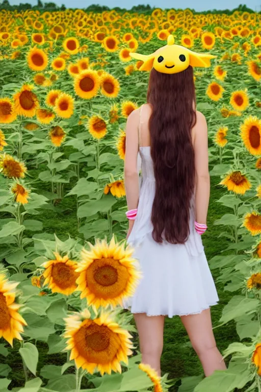 Image similar to Tonemapped Cheerful anime girl with bunny hat in the style of Makoto Shinkai and Yun Koga with a field of sunflowers in background