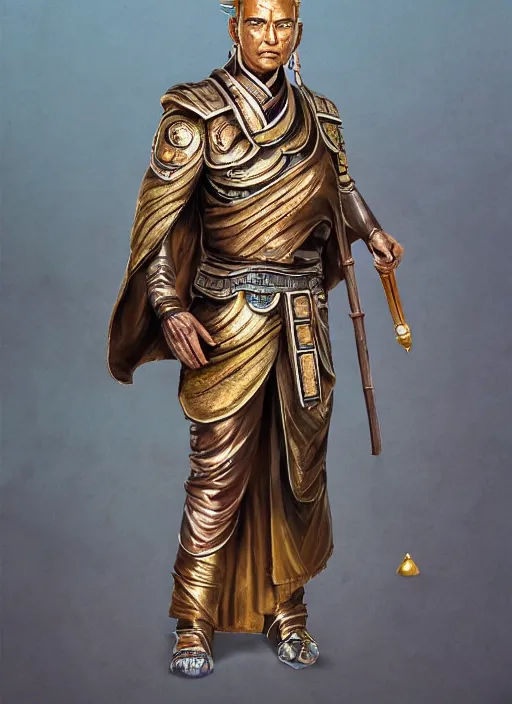 Image similar to full body portrait of a male pathfinder shabti daoshi with metallic skin wearing a daopao by wlop, wuxia, xianxia, pathfinder shabti race, shabti, taoist priest, taoist master, taoist robe, detailed, realistic, anatomically accurate, fantasy illustration, artstation, wlop, 4 k.