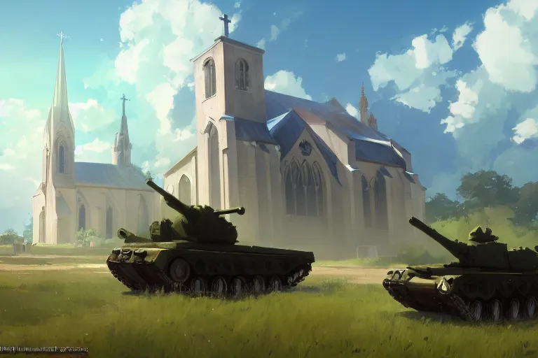 Image similar to a tank with a church as tower, scene in an open field. key visual, conceptart, ambient lighting, highly detailed, digital painting, artstation, concept art, sharp focus, by makoto shinkai and akihiko yoshida and greg manchess