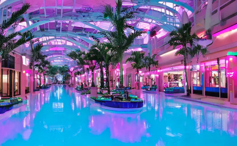 Image similar to an indoor mall with palm trees and pools, pink and blue lighting, everything floats in space