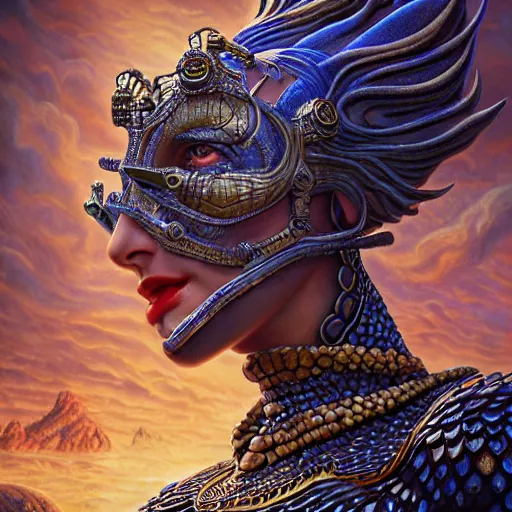 Image similar to Mystical Valkyrie, Portrait of a beautiful female Atlantean Reptilian Warrior, Realistic, Regal, Refined, Detailed Digital Art, Michael Cheval, Walt Disney (1937), François Boucher, Oil Painting, Steampunk, Highly Detailed, Cinematic Lighting, Unreal Engine, 8k, HD