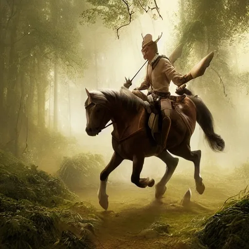 Prompt: a man riding on the back of a white horse through a forest, a detailed matte painting by frieke janssens, featured on cgsociety, fantasy art, matte painting, reimagined by industrial light and magic, matte drawing