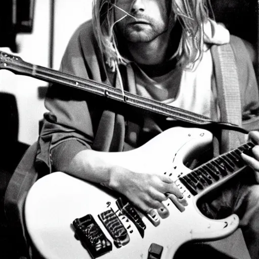 Image similar to kurt cobain playing on his fender electric guitar around big night city, 1 9 9 7, old film photo