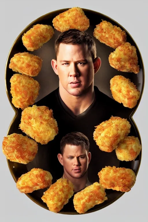 Image similar to a big tater tot on a plate with channing tatum face, intricate, 8 k highly professionally detailed, hdr, cgsociety