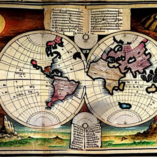 Image similar to detailed map of a planet teeming with ancient history, printed on parchment, 8 k