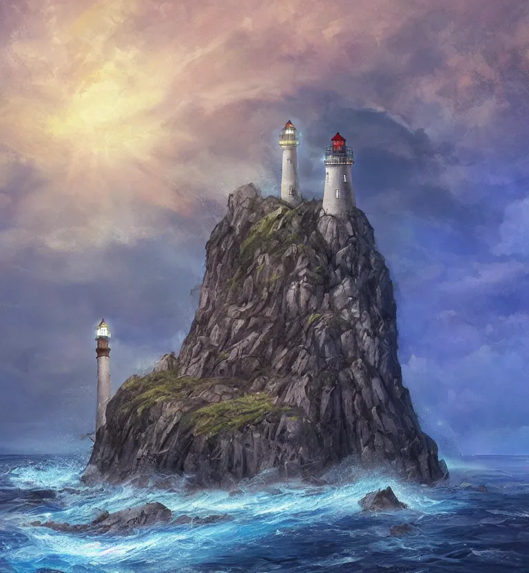 Image similar to medieval fantasy artwork. cliff with an ancient lighthouse on top. the lighthouse is enveloped by a column of blue swirling light. the sea at the bottom of the cliff ( rough sea ).