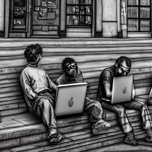 Image similar to a group of realistic bums using laptops near on street, highly detailed, intricate, sharp focus, digital art, 8 k