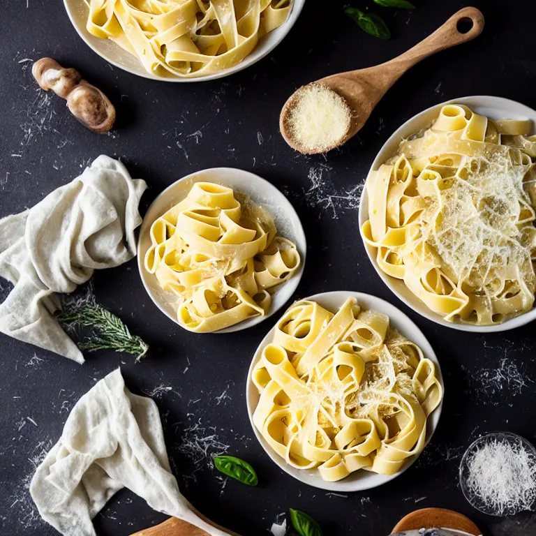 Image similar to a creamy fettuccine pasta in a parmesan cheese wheel, food photography