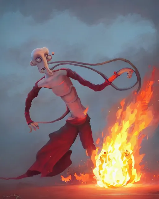 Image similar to squidward with four legs wearing fire nation clothing and practicing firebending outside at susnset, [ greg rutkowski ]