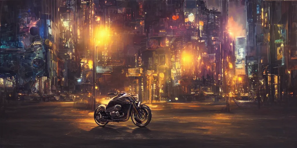 Image similar to motorcycle in a futuristic cityscape at night, soft lighting, realistic painting