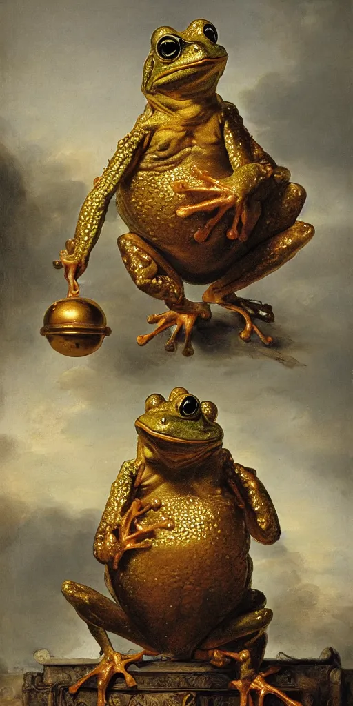 Prompt: A Royal humanoid Frog sitting on a throne. He's holding a golden orb. Oil Painting, France 1785. Masterpiece 4k trending on artstation. In the style of Rembrandt